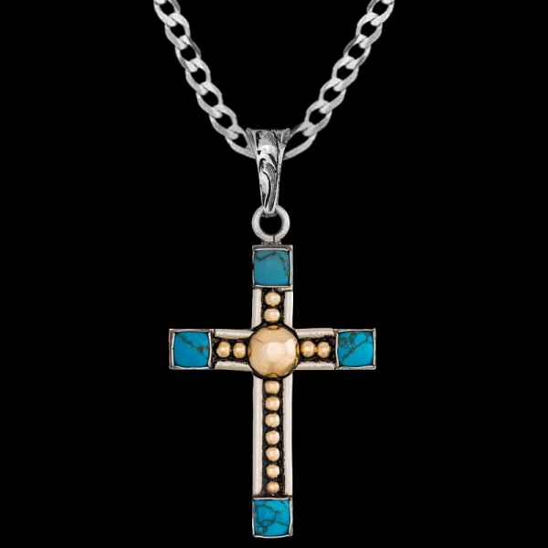 Deuteronomy, German Silver base is 1.6"x2.3" with Jewelers Bronze beads and simulated turquoise, finished with our classic antique.

Chain not included.